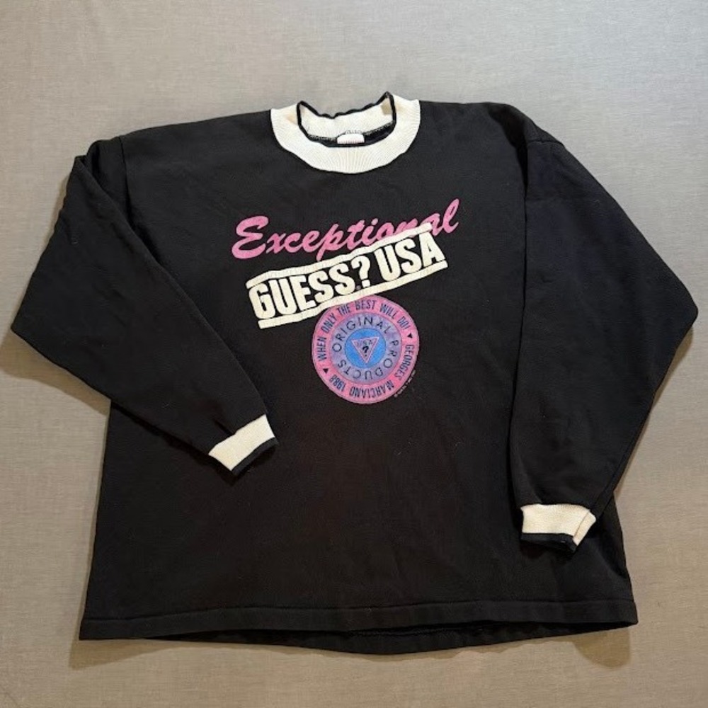 Vintage Guess 1987 Jeans USA Sweatshirt Black Pink Graphic Print Crewneck Mens M